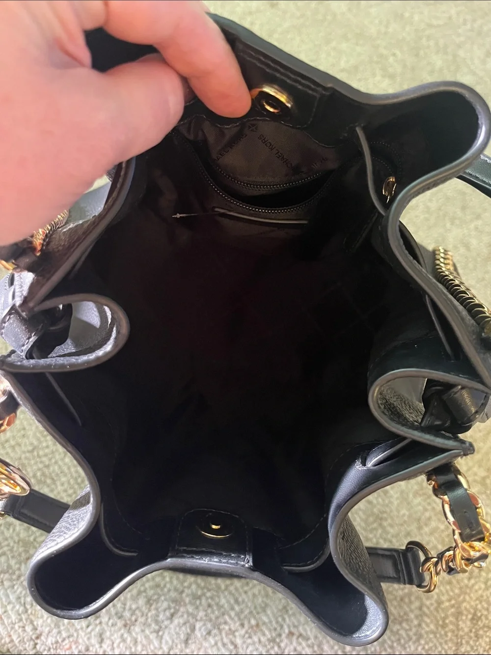 Michael Kors Black Pebbled Leather Bucket Shoulder Bag with Gold Chain Trim